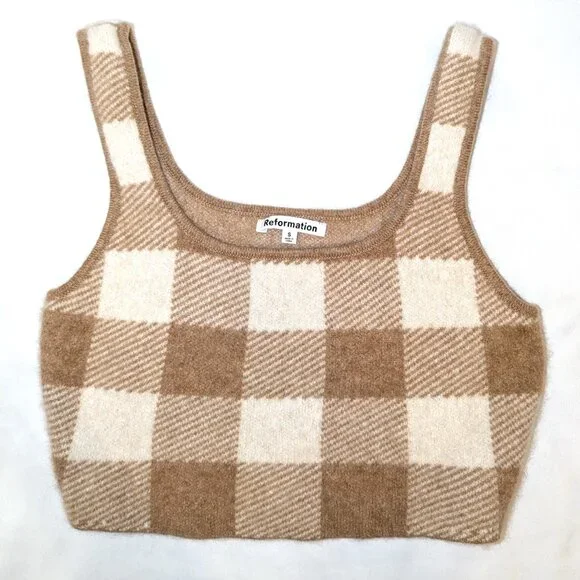 Reformation | Cashmere Fonte Plaid Cropped Tank Top Cream & Tan Gingham | Small - Picture 5 of 11